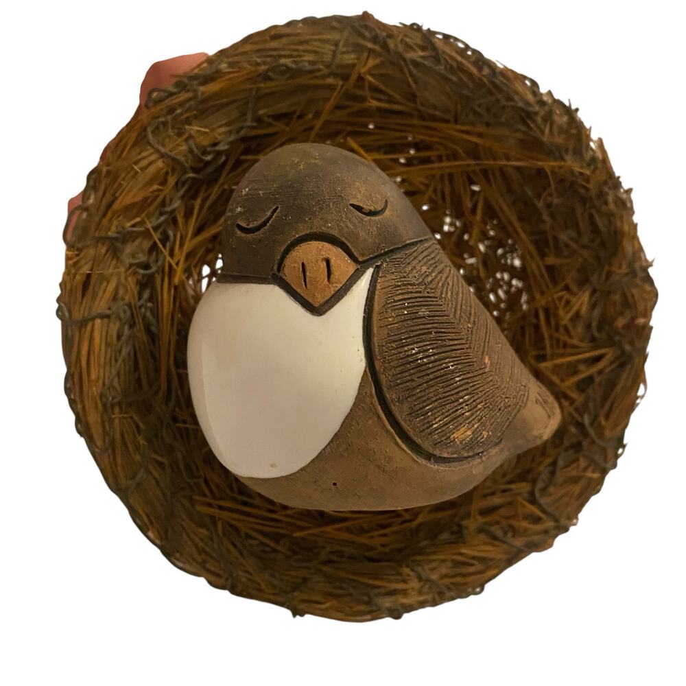 CASALS PERU Handmade Ceramic Bird Figurine resting in a miniature nest Folk Art